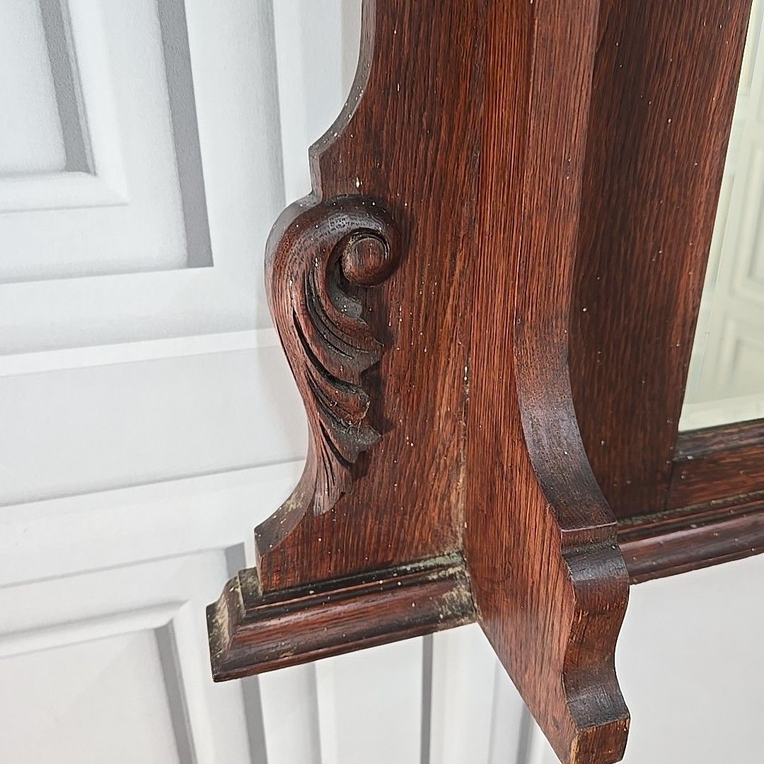 Antique Overmantle Wall Mirror Wooden Oak Arts & Crafts Mantel Carved Large photo Home Decor