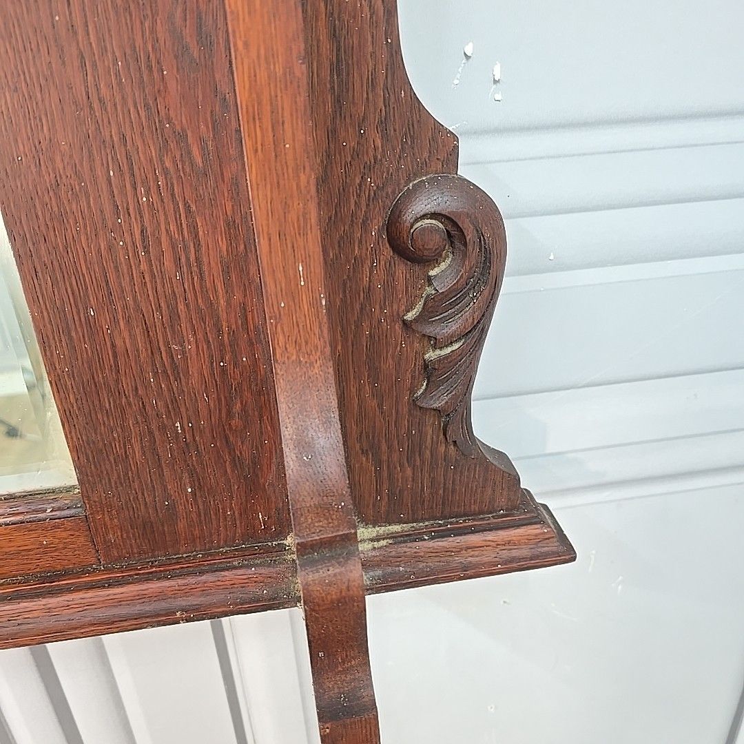 photo vintage Antique Overmantle Wall Mirror Wooden Oak Arts & Crafts Mantel Carved Large