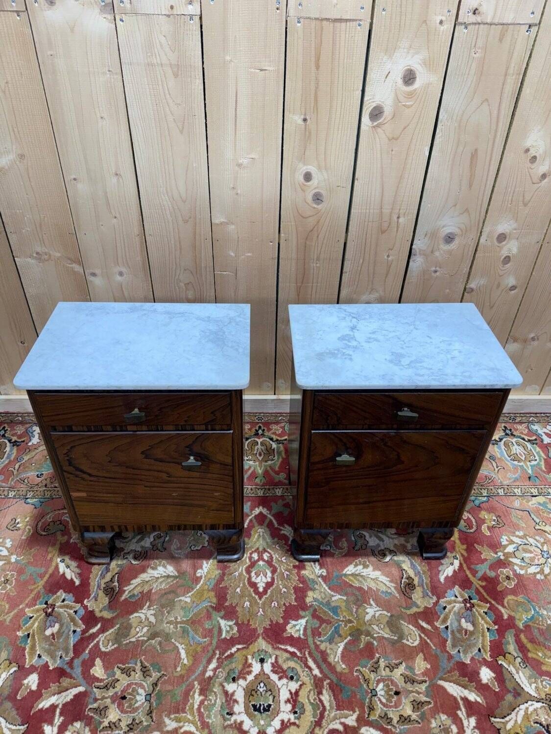 Art Deco Bedside Tables – Rosewood, Carrara Marble & Brass – Year photo for sale