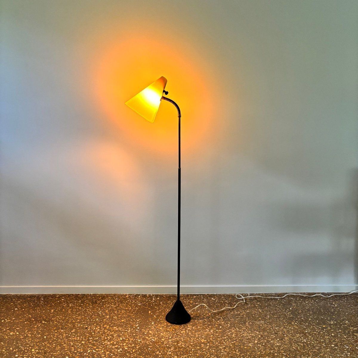 Mid Century Floor Lamp In Black Metal And Brass With Yellow Shade, Sweden, 1950s photo furniture
