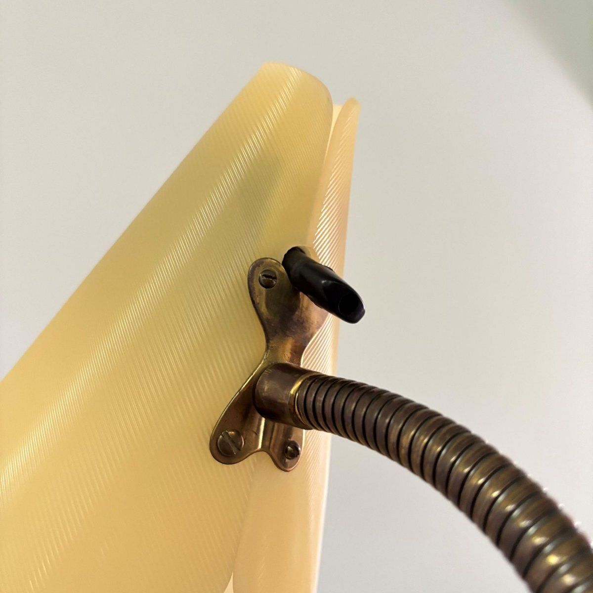 Mid Century Floor Lamp In Black Metal And Brass With Yellow Shade, Sweden, 1950s photo vintage