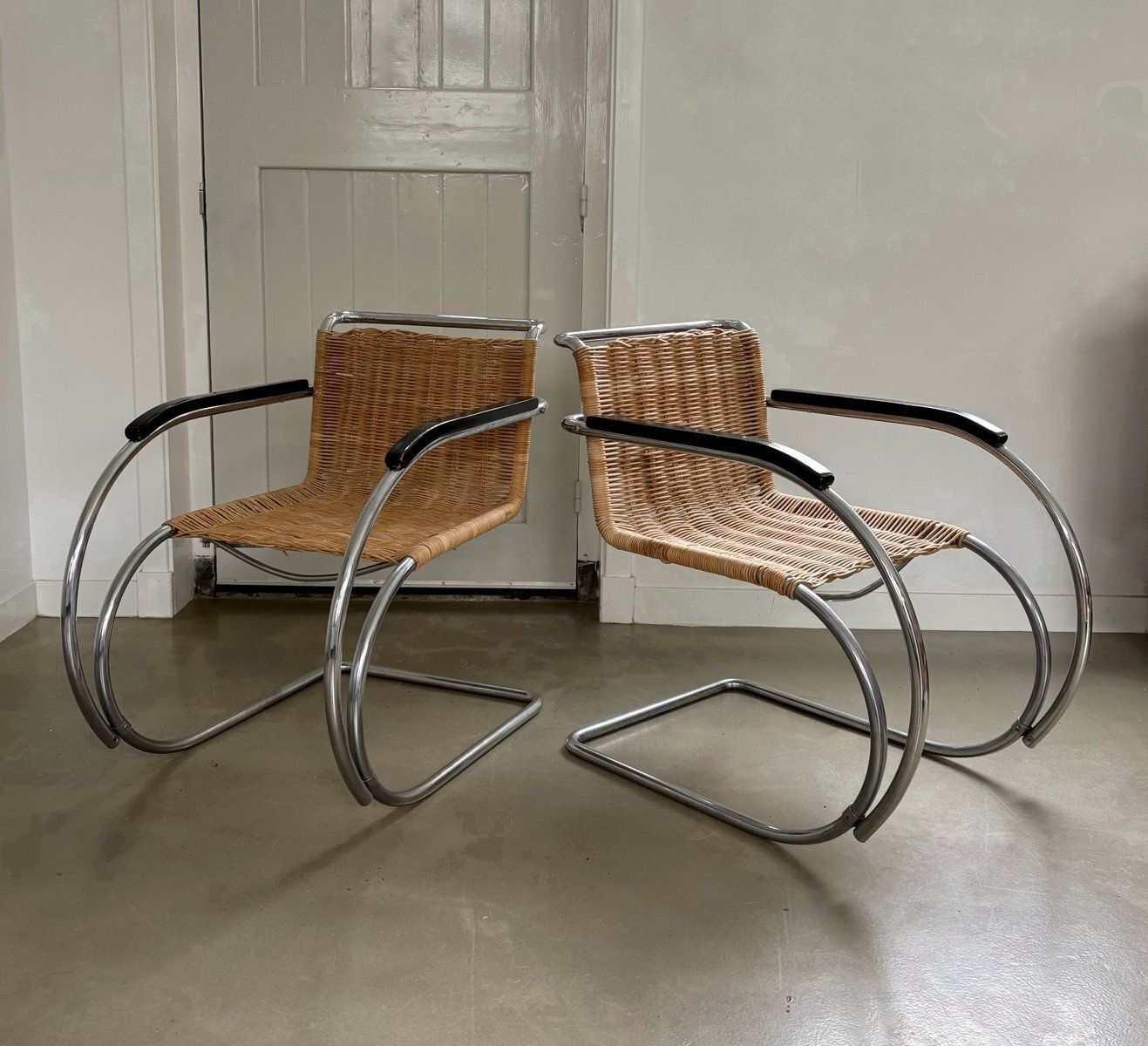 Rattan And Chromed Tubular Metal Lounge Chairs By Ludwig Mies Van Der Rohe, Set Of 2 photo furniture