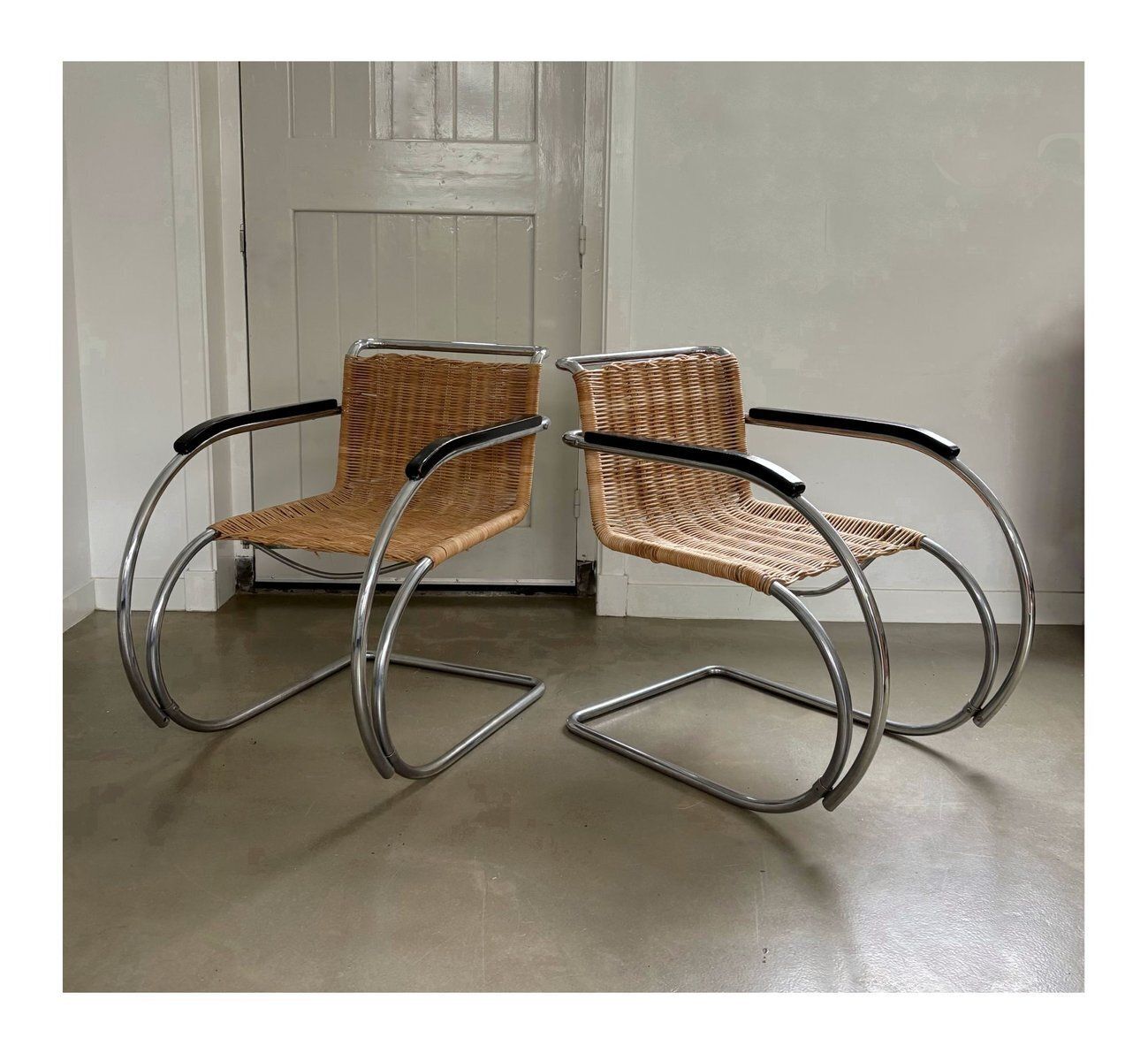 Rattan And Chromed Tubular Metal Lounge Chairs By Ludwig Mies Van Der Rohe, Set Of 2 photo Furniture