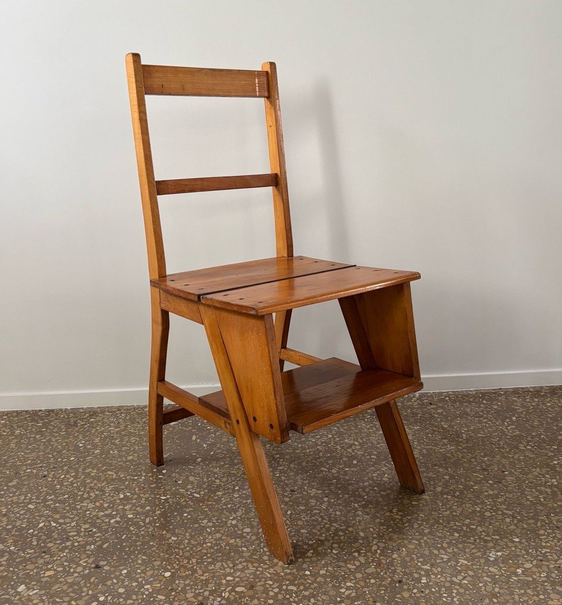 Oak Wooden Library Ladder And Chair, Netherlands, 1930s photo buy