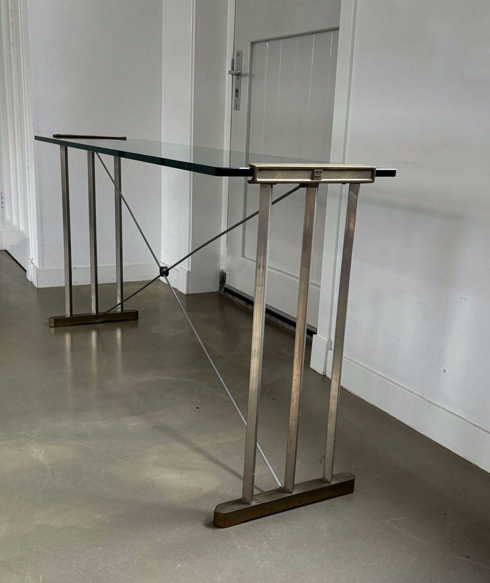 Console Table With Brass Details And Glass Top By Peter Ghyczy, 1970s photo for sale