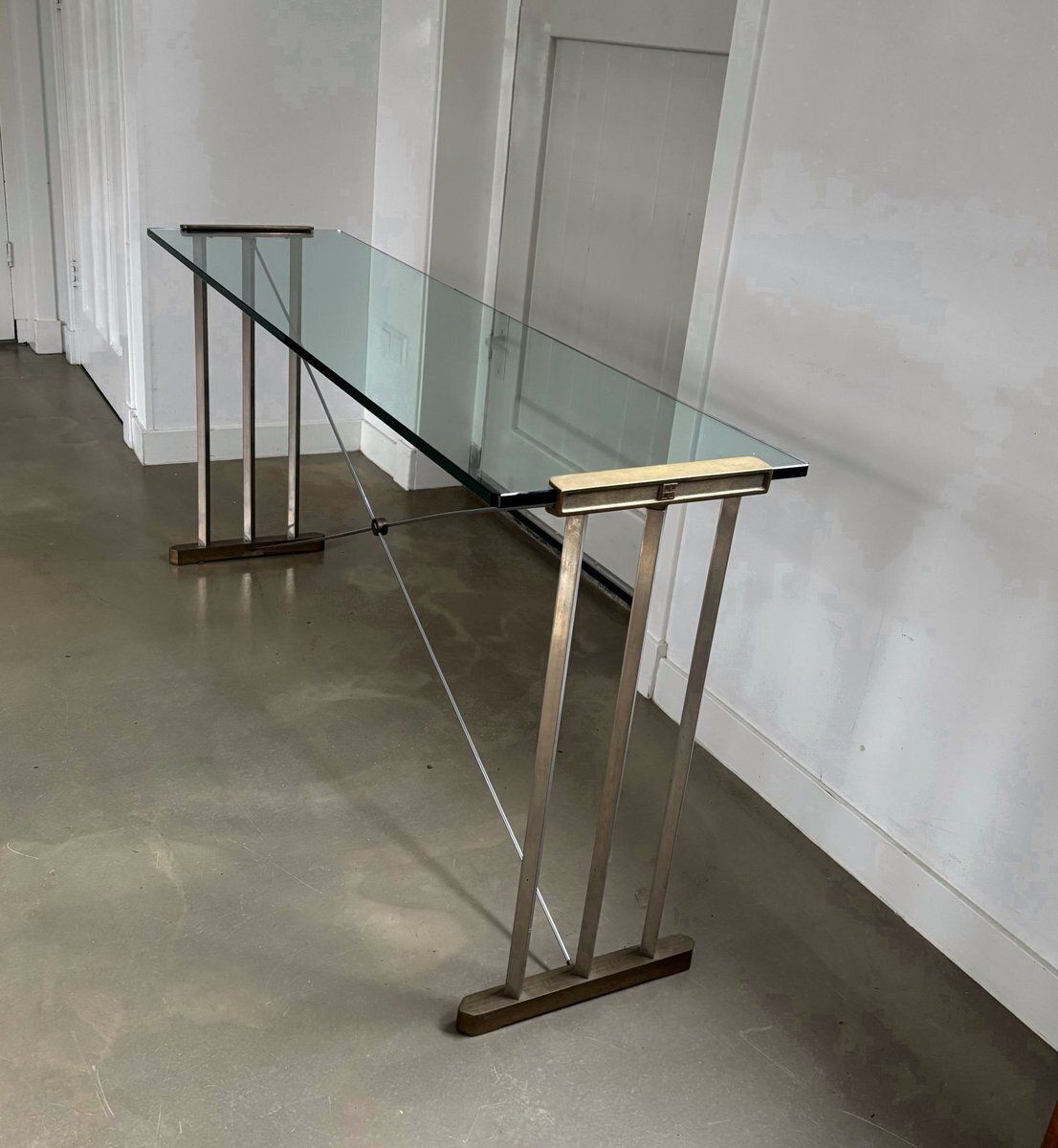 Console Table With Brass Details And Glass Top By Peter Ghyczy, 1970s photo Furniture