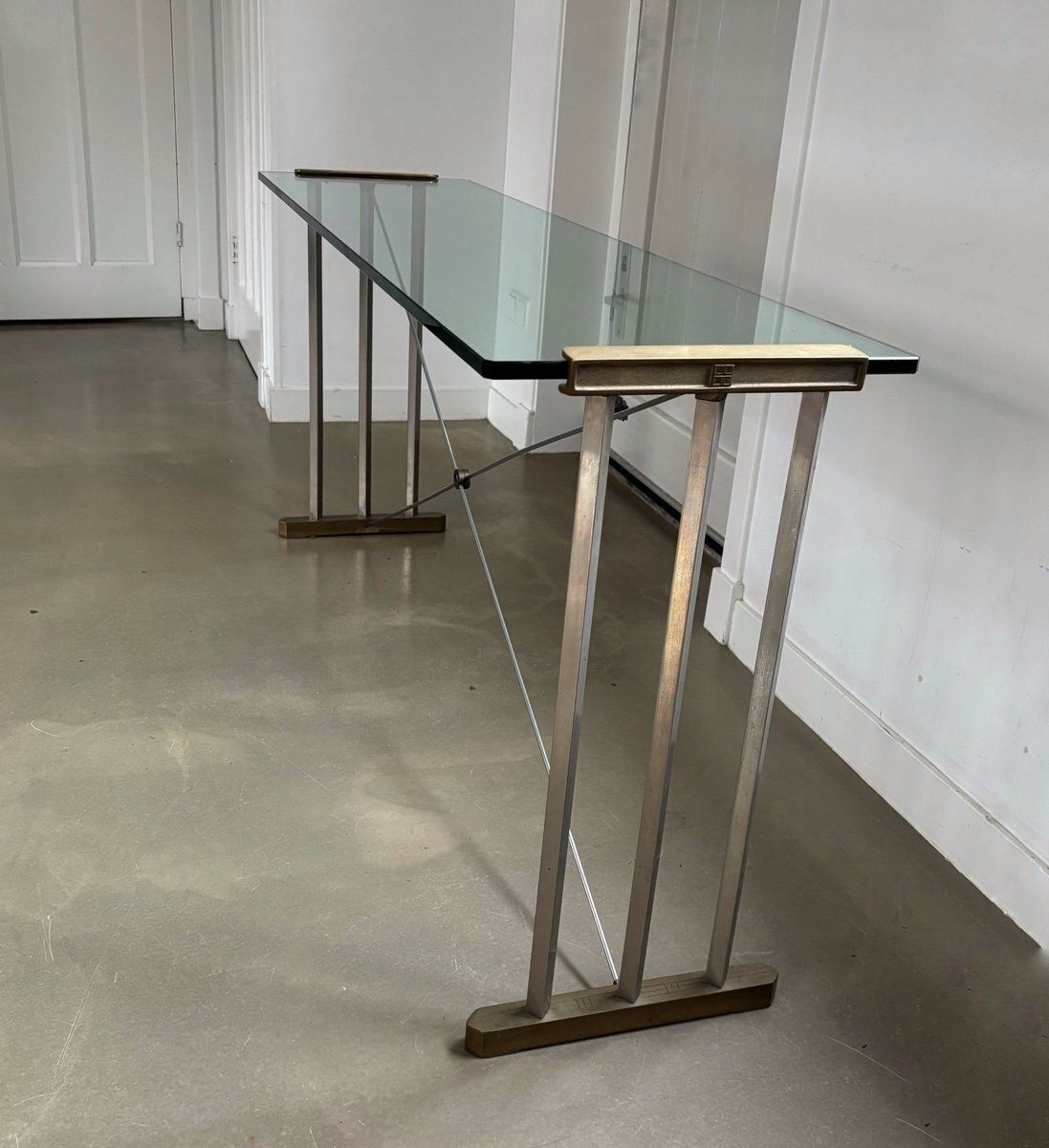 Console Table With Brass Details And Glass Top By Peter Ghyczy, 1970s photo 650.0