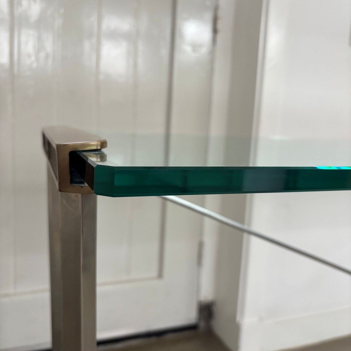 Furniture Console Table With Brass Details And Glass Top By Peter Ghyczy, 1970s photo