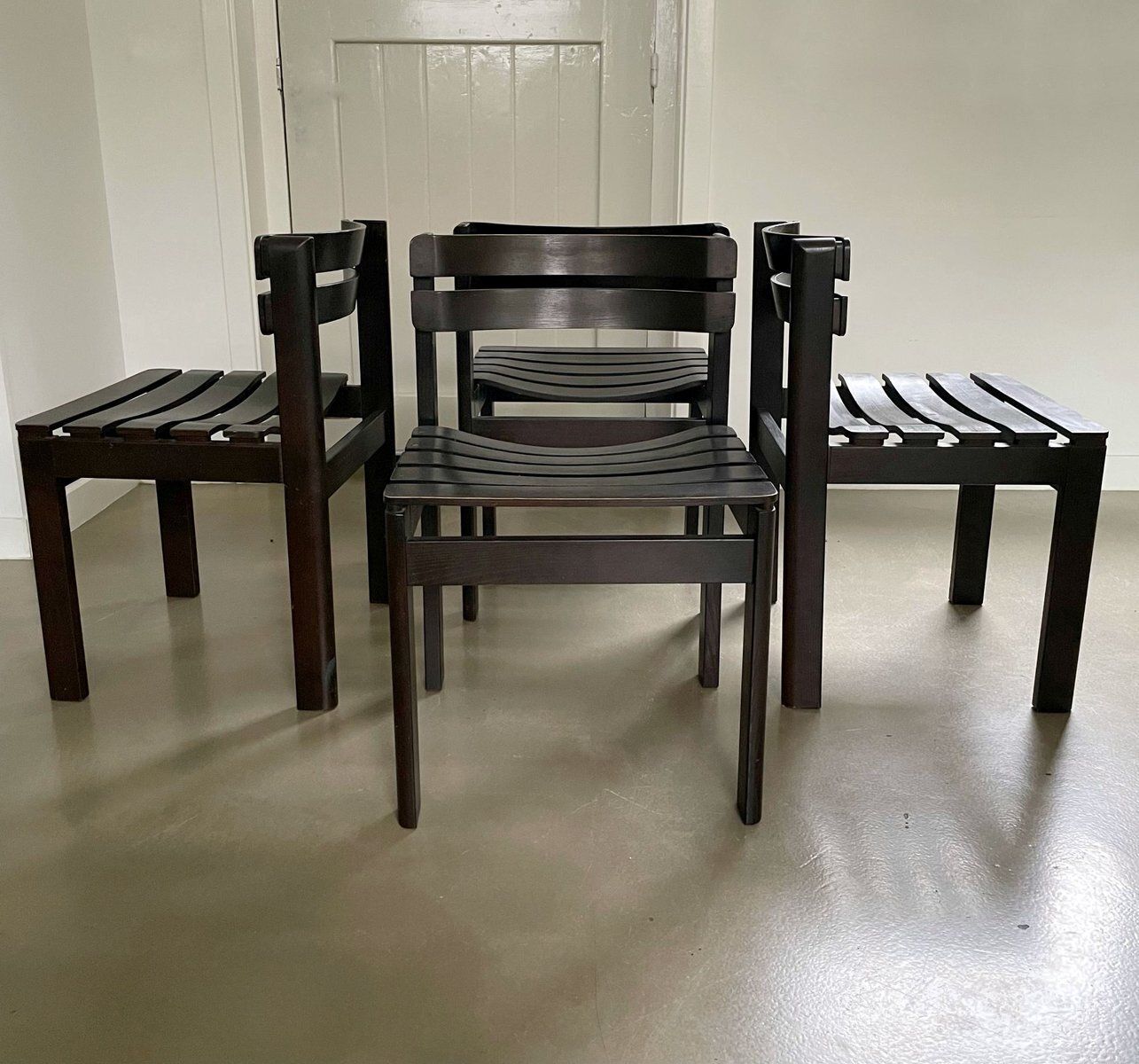 Dark Brown Wooden Slat Chairs, 1970s, Set Of 4 photo buy
