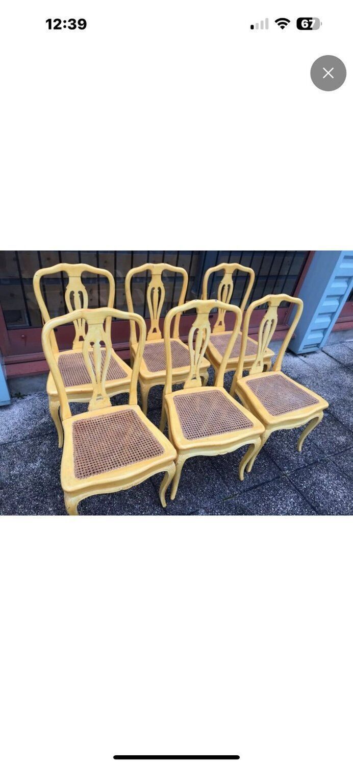 Set Of 6 Cane Chairs In Provençal Louis XV Style Pale Yellow Wood photo for sale