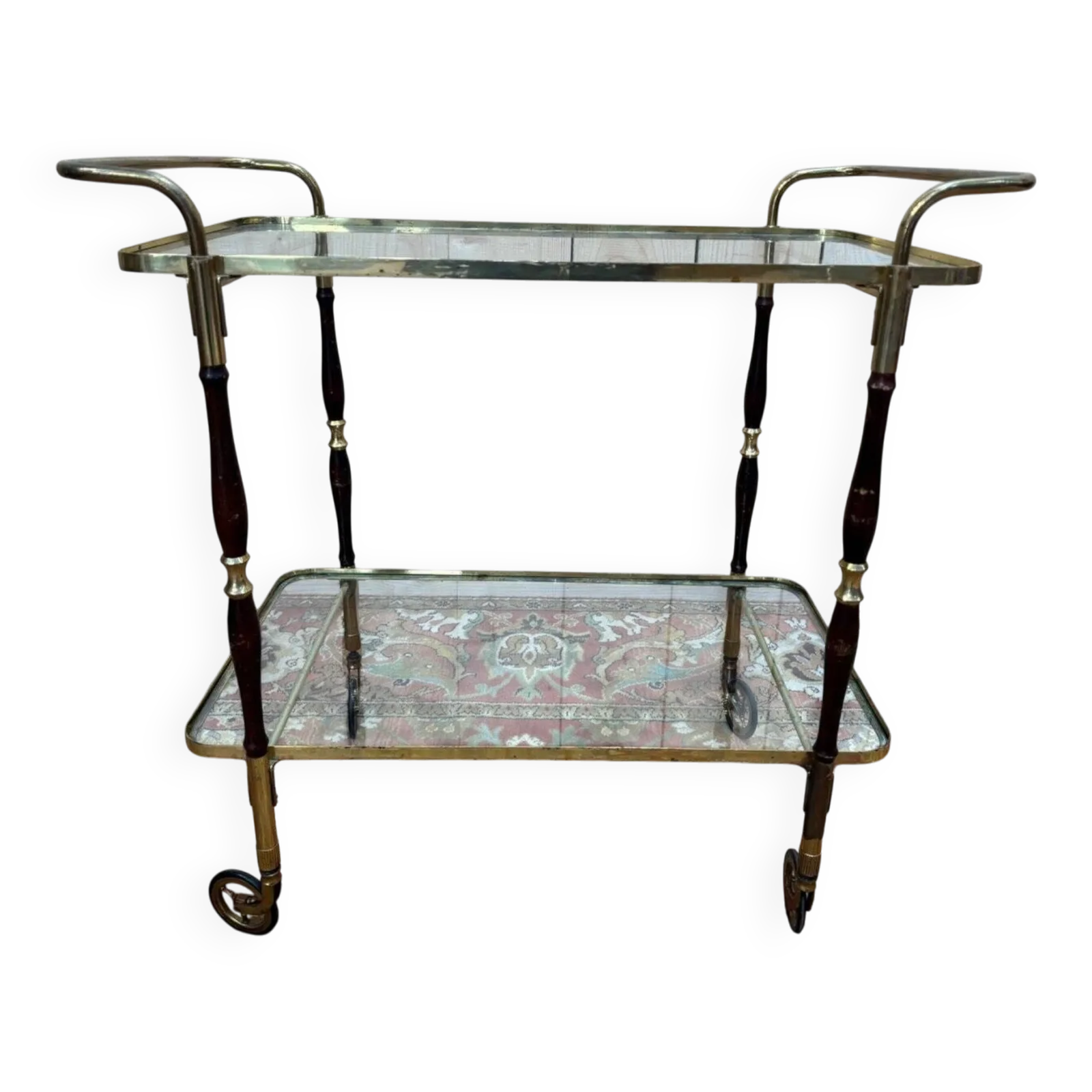 Glass, Brass, And Wood Side Table From The 1950s/60s.