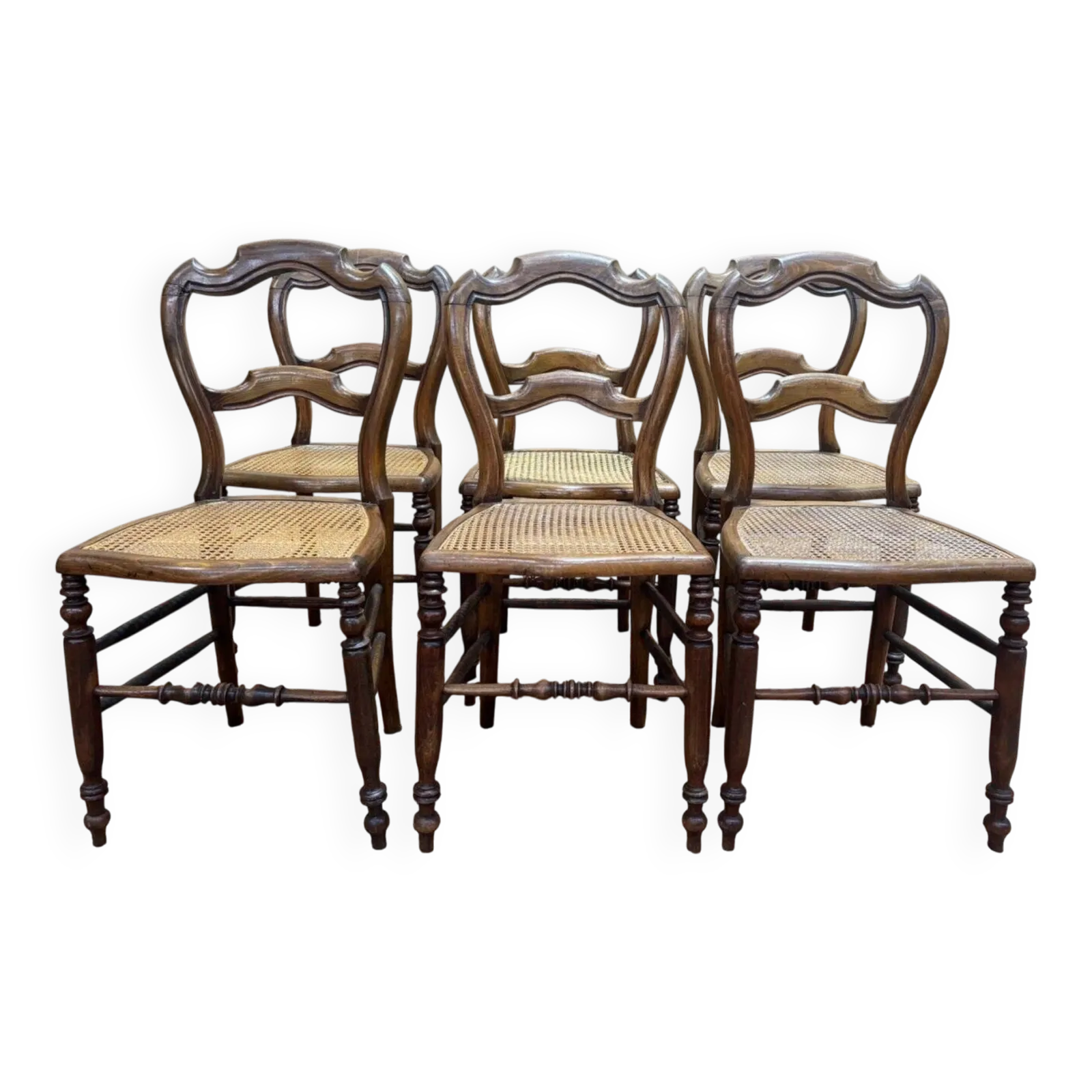 Set Of 6 Louis Philippe Caned Walnut Chairs, 19th Century.