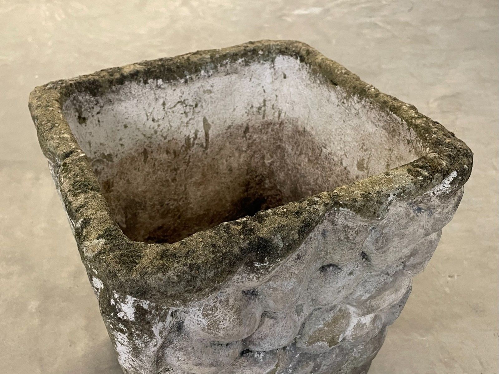 Garden Decor Vintage Circa 1970s Mid Century Pair Of Weathered Cast Stone Square Planter Pots photo