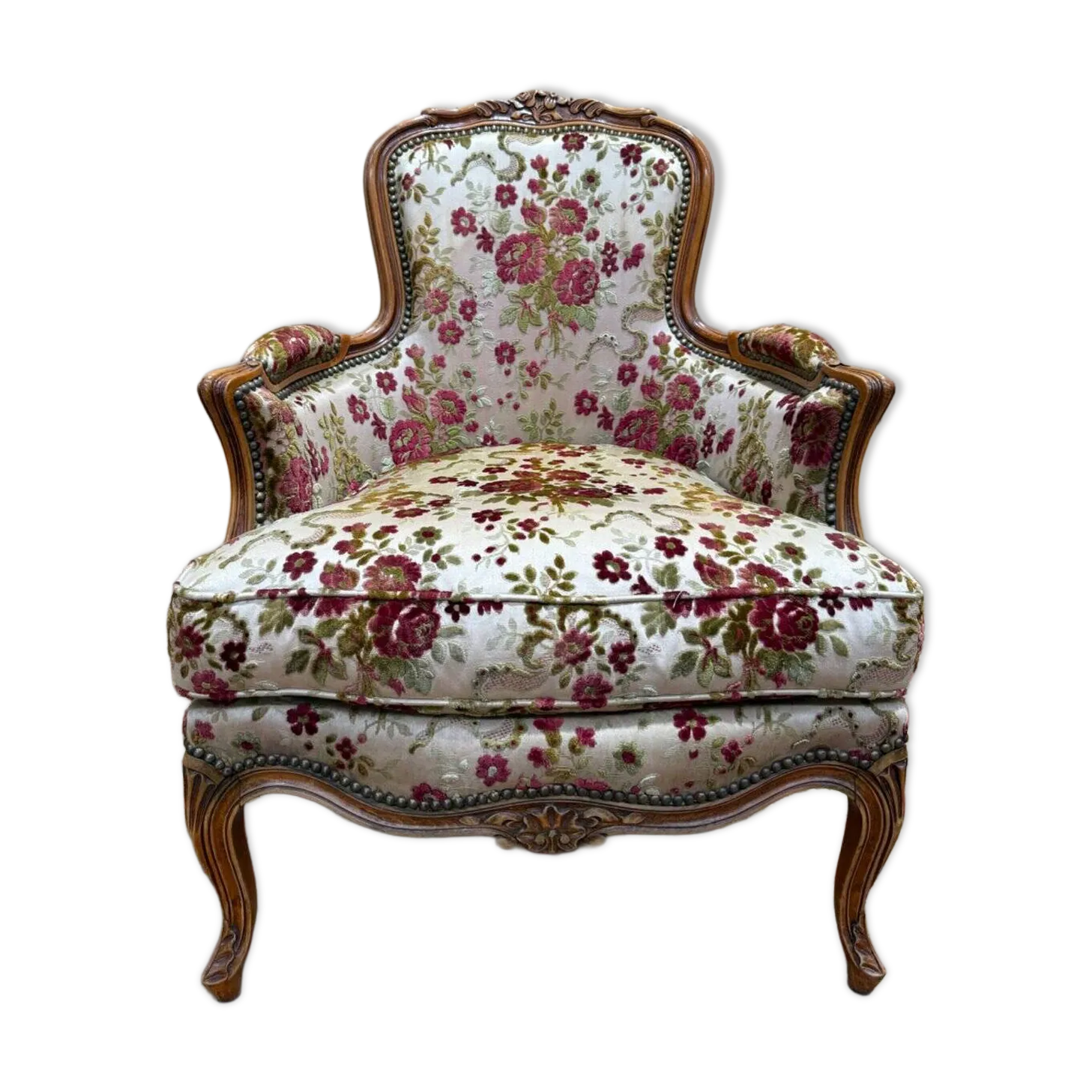 Elegant Louis XV Style Bergère In Cherry Wood And Floral Velvet.
