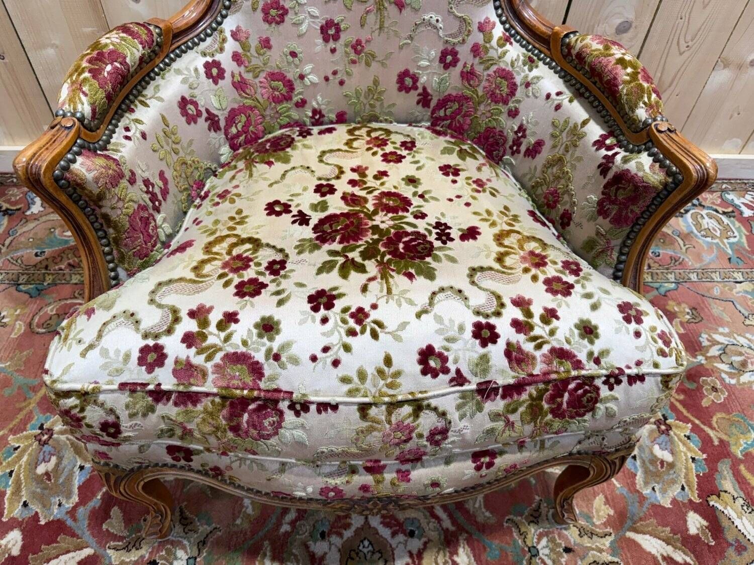 Elegant Louis XV Style Bergère In Cherry Wood And Floral Velvet. photo for sale