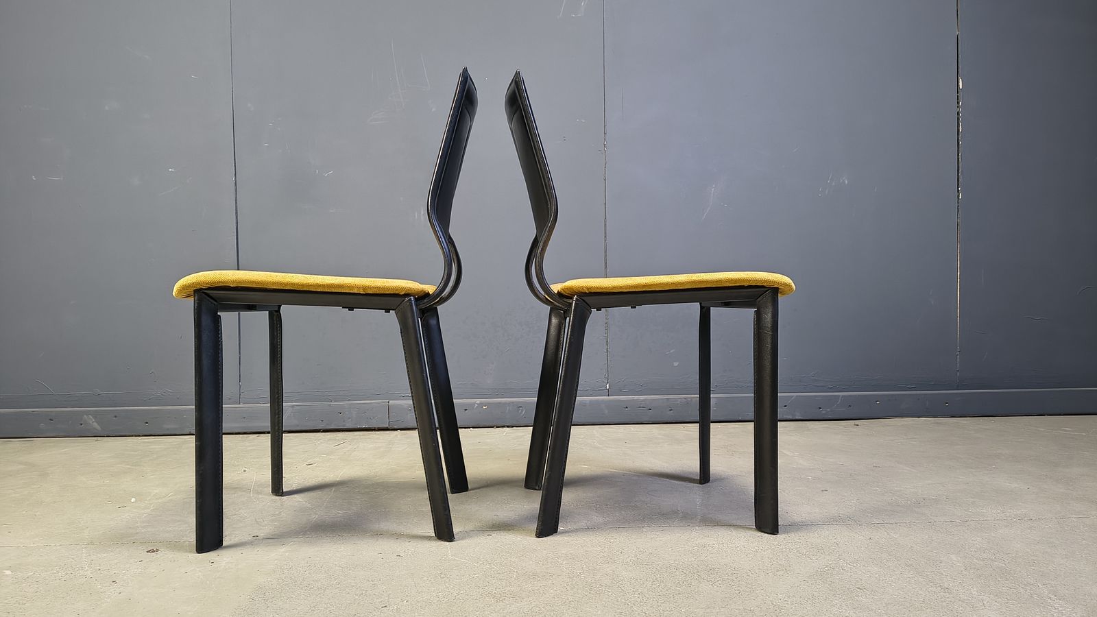 Vintage Black Leather And Yellow Fabric Dining Chairs, Set Of 6, 1980s photo for sale