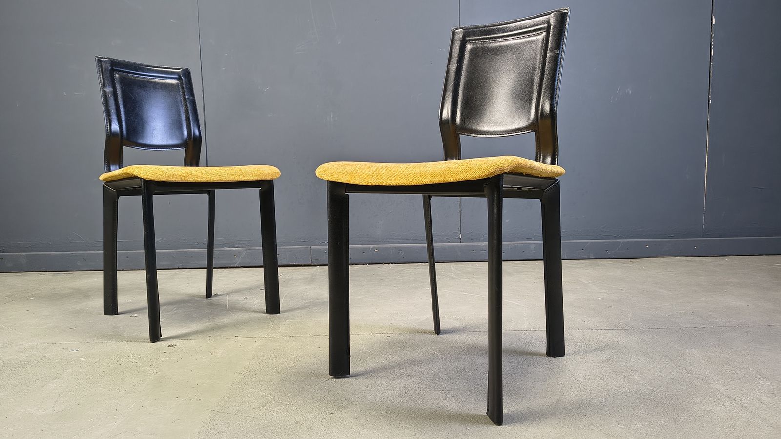 Vintage Black Leather And Yellow Fabric Dining Chairs, Set Of 6, 1980s photo Furniture