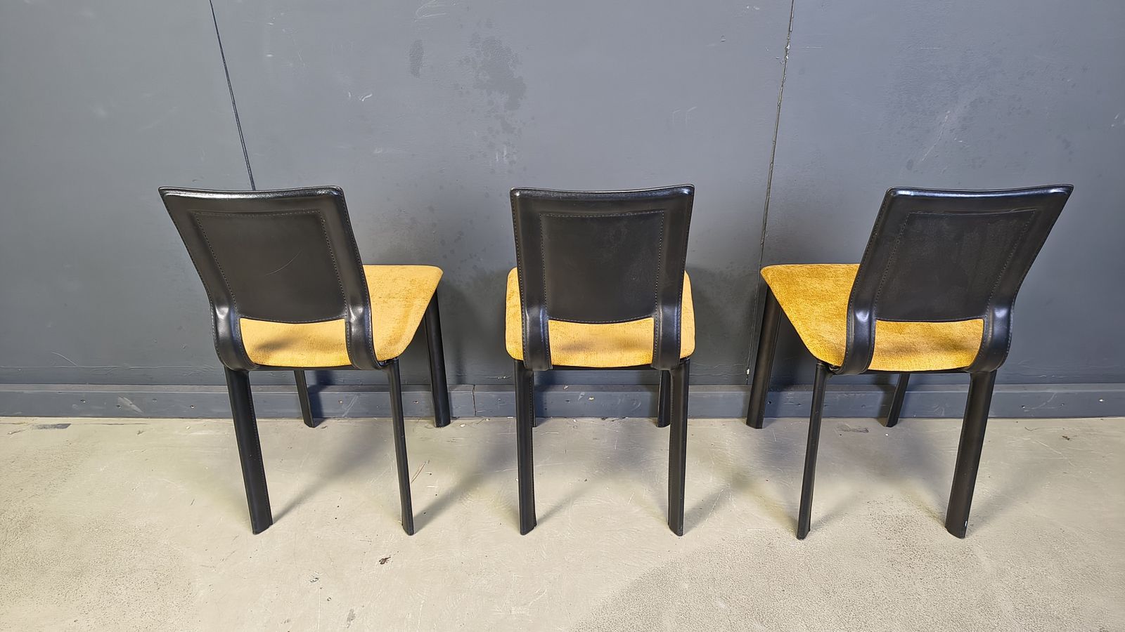 Vintage Black Leather And Yellow Fabric Dining Chairs, Set Of 6, 1980s photo vintage