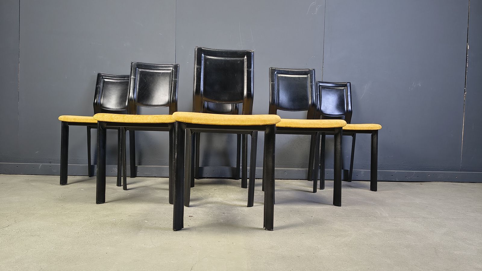 Furniture Vintage Black Leather And Yellow Fabric Dining Chairs, Set Of 6, 1980s photo
