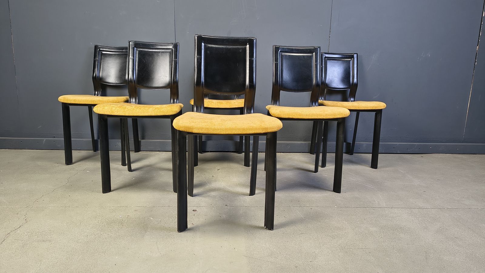 Vintage Black Leather And Yellow Fabric Dining Chairs, Set Of 6, 1980s