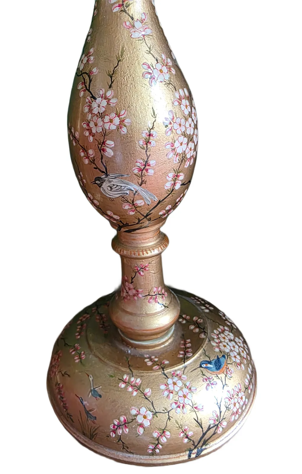 photo vintage Vintage Early 1900s Kashmiri Hand Painted Candlestick/Lamp Base Pair – Gold Floral & Bird Motif