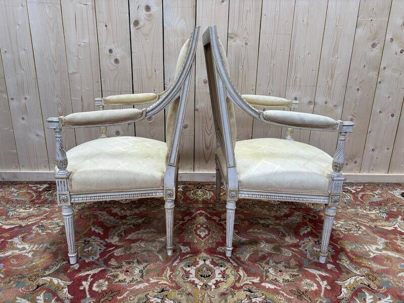 Furniture Pair Of Louis XVI Style Armchairs In Patinated Wood photo