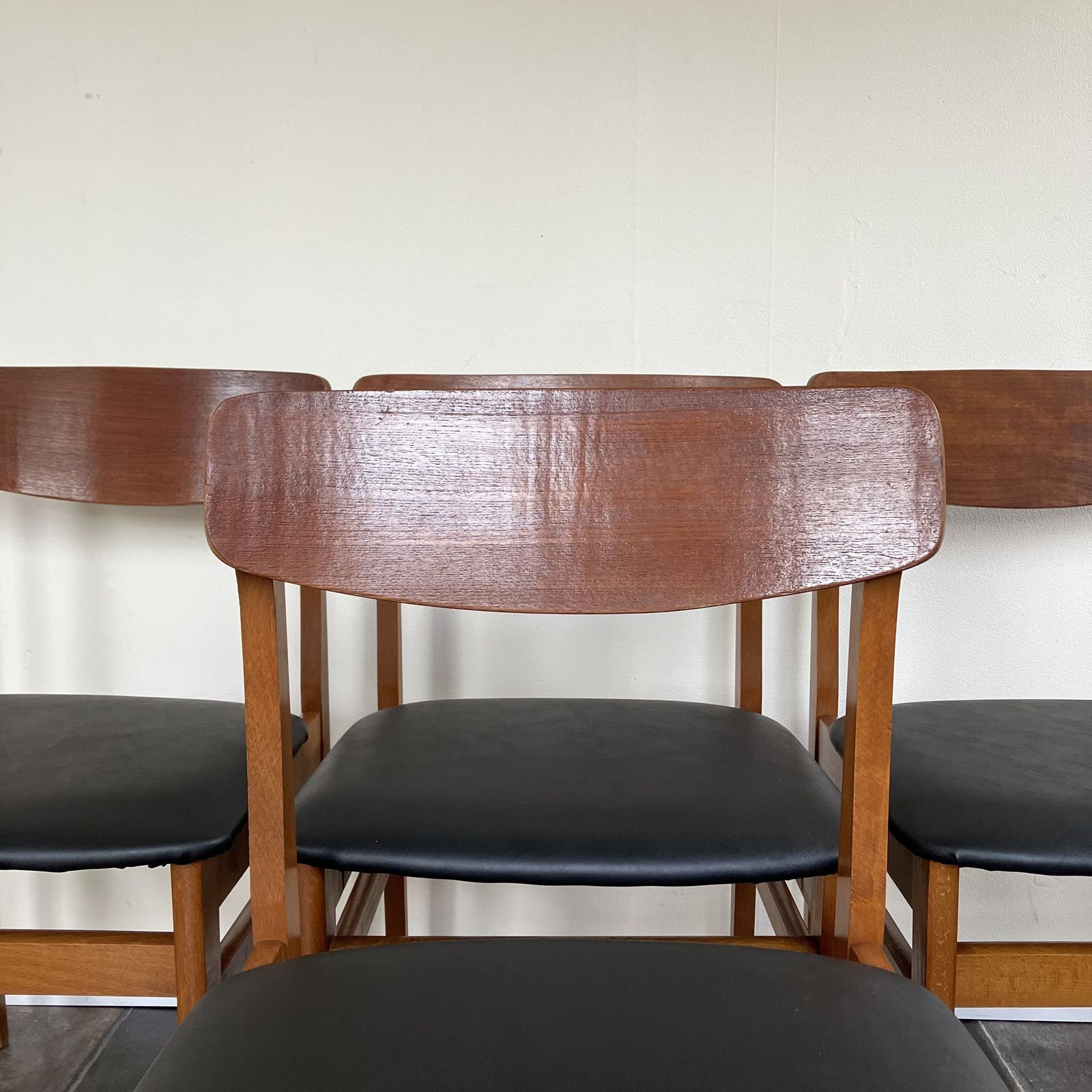 Mid Century Teak Dining Chairs By Ligna Of Czechoslovakia: Butterfly Backs, Reupholstered Black Vinyl Leatherette, Set Of 4, 1960's photo vinterior