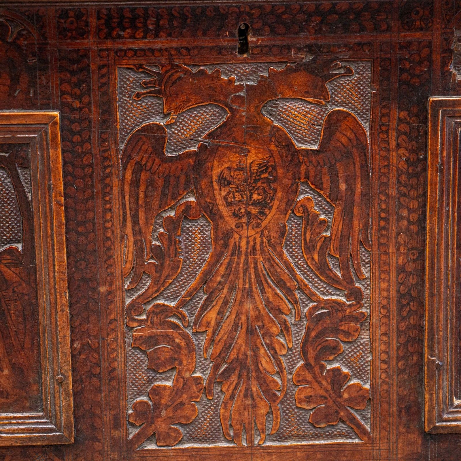 photo furniture 16th Century Walnut Pokerwork Coffer Or Marriage Chest
