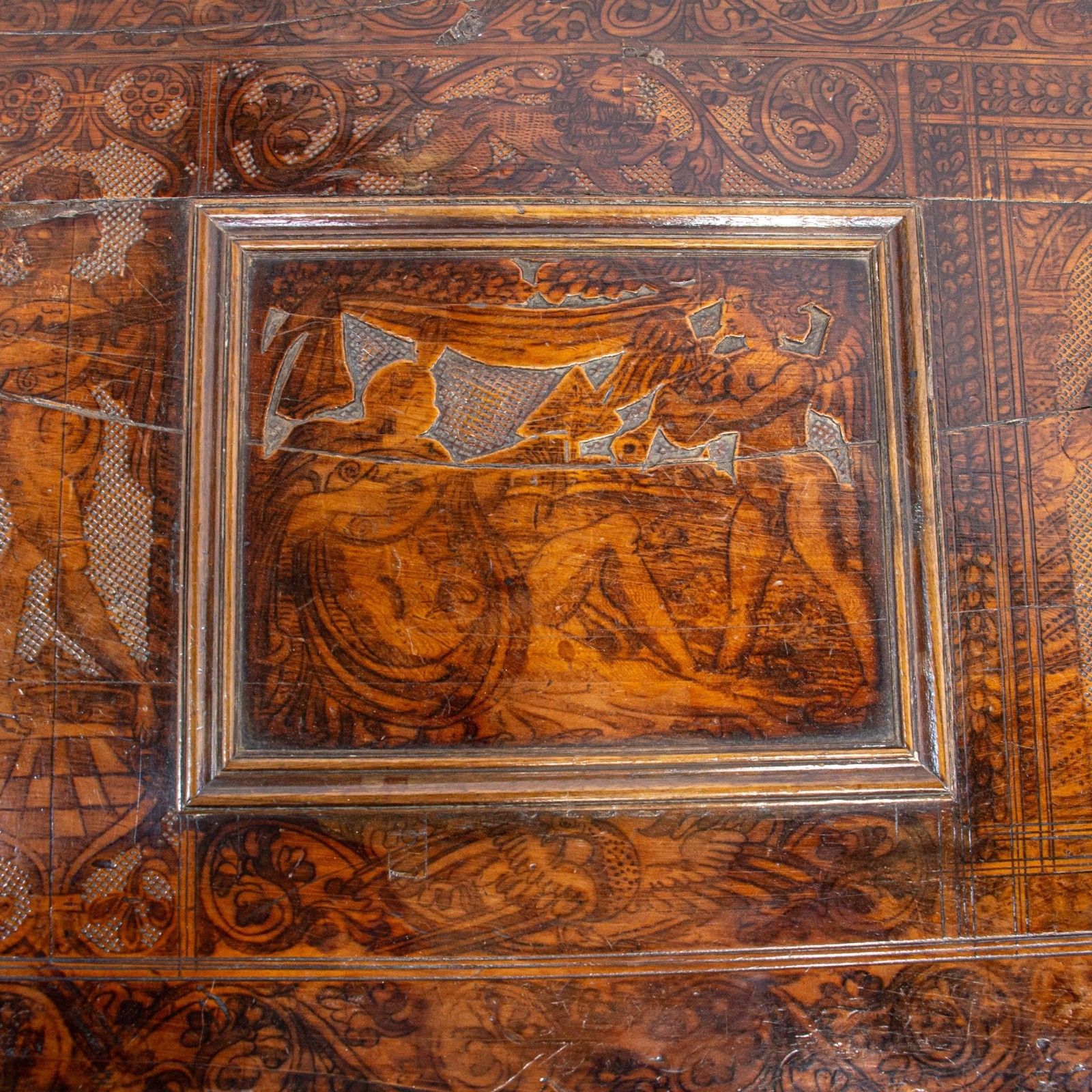 Furniture 16th Century Walnut Pokerwork Coffer Or Marriage Chest photo