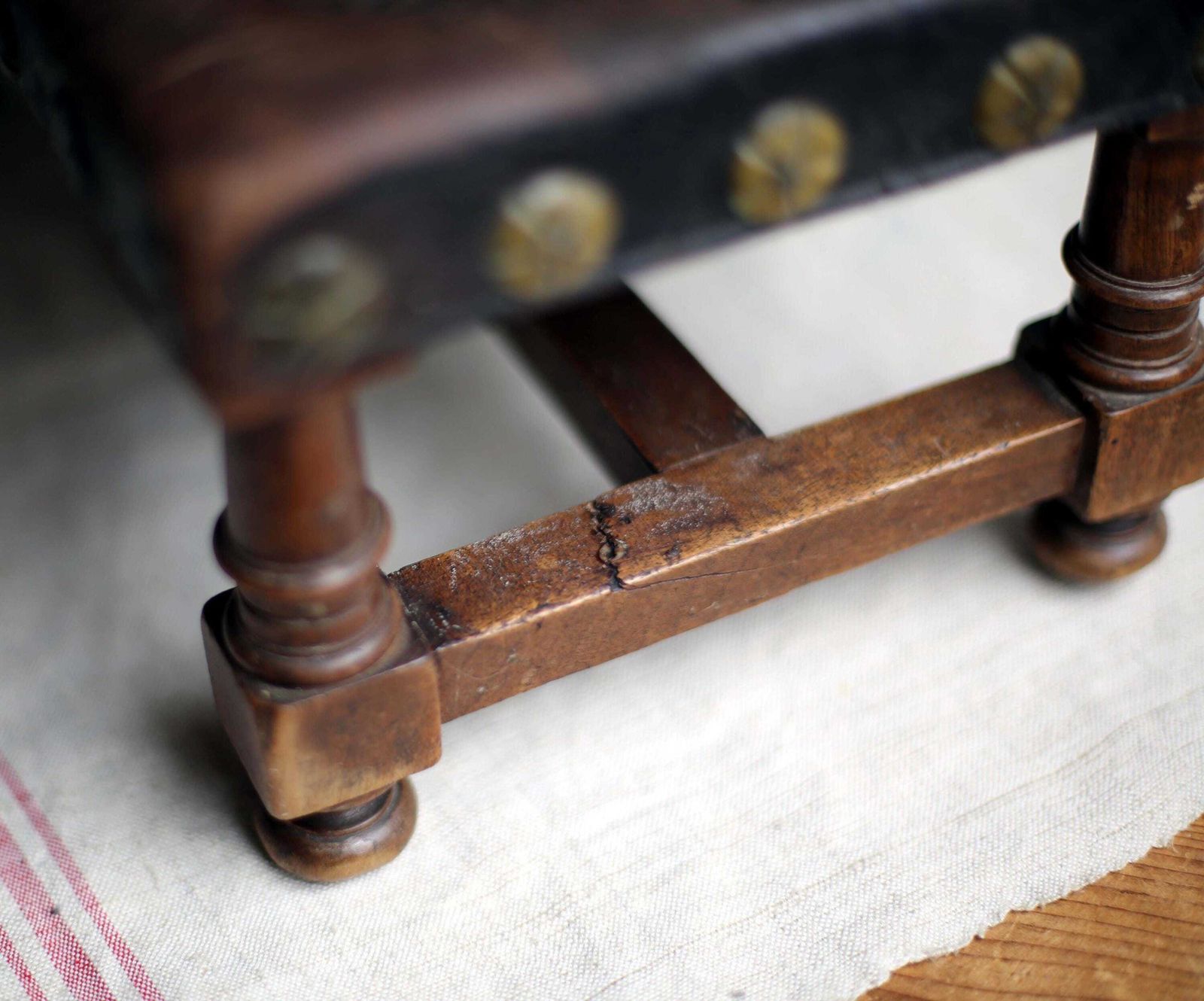 Furniture French Antique Foot Stool Cuir De Cordoue Wood And Leather Footstool photo