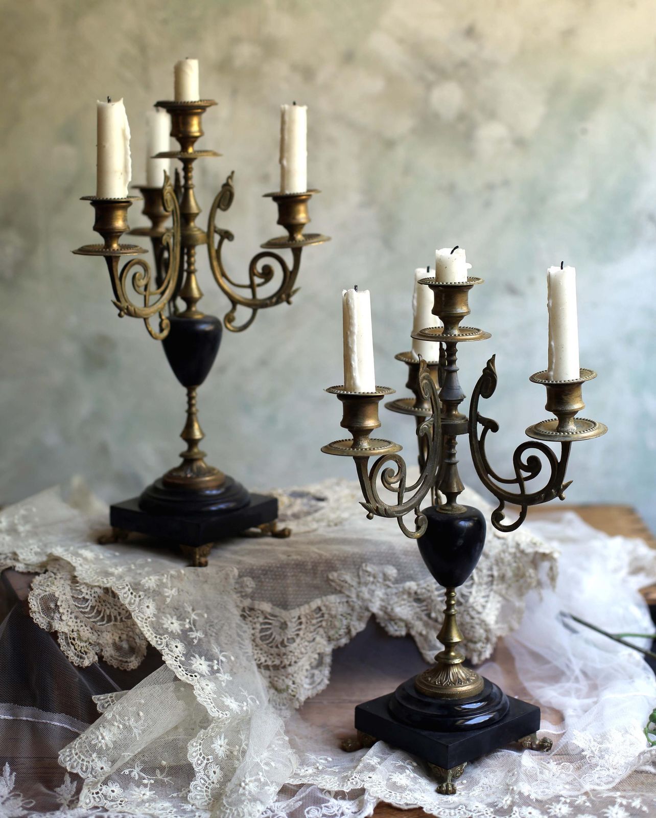 258.0 Pair Of Antique French Ormolu & Marble Candelabras Bronze Art Nouveau Candleholders photo