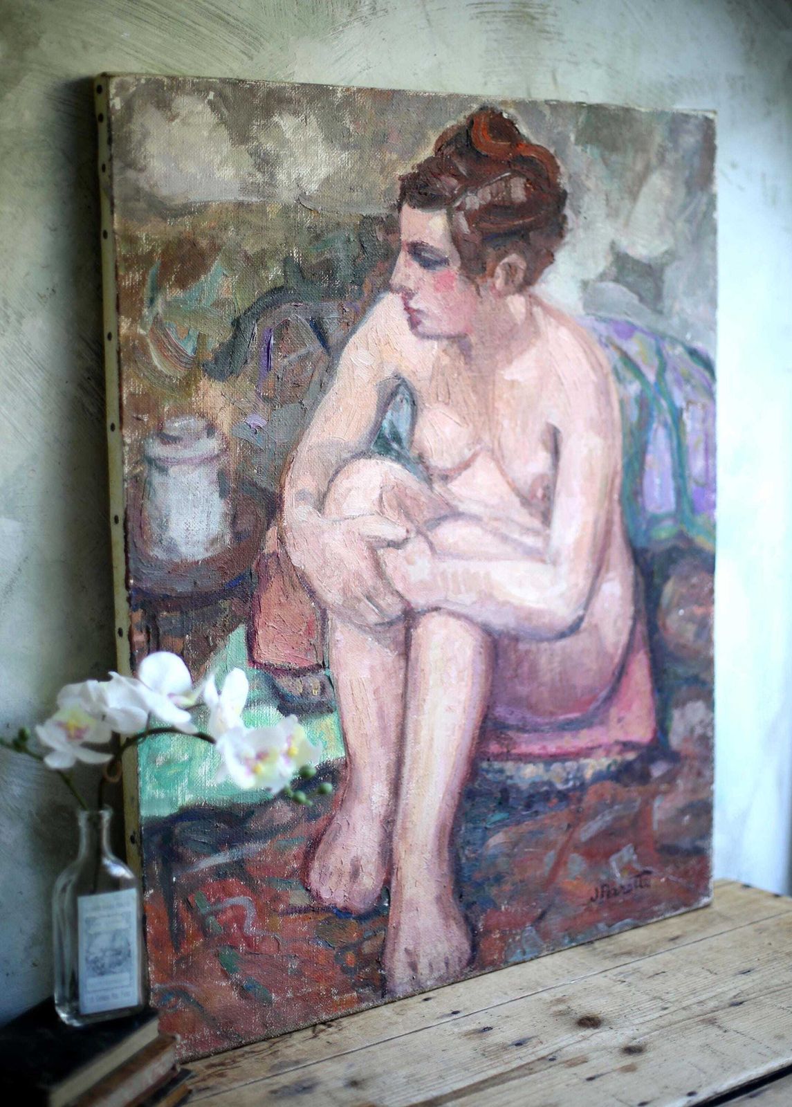 Large Original Nude Female Painting French Oil On Canvas Seated Woman photo Art