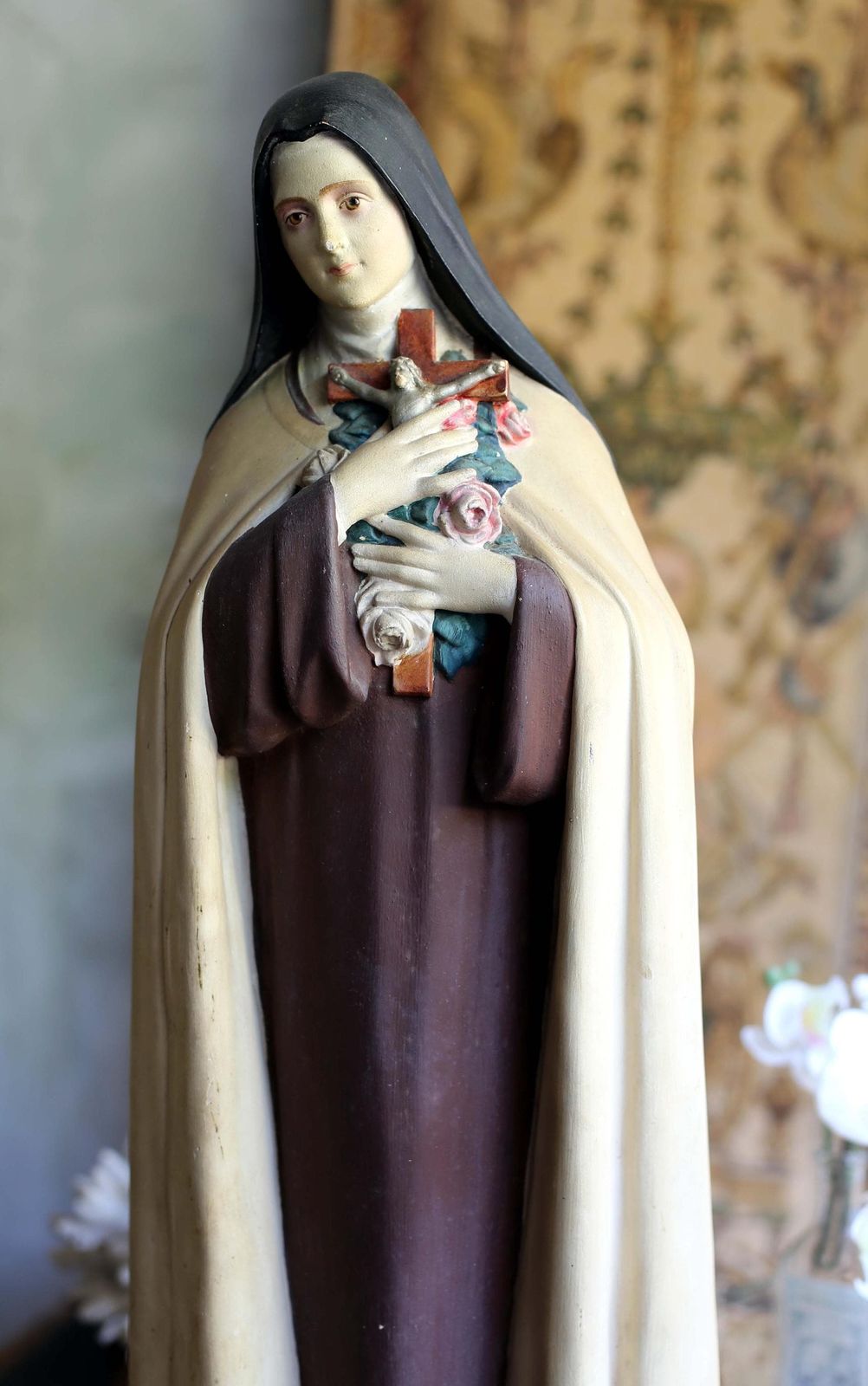 photo for sale Huge French Antique Chalkware Saint Teresa Large Polychrome Sainte Therese Statue