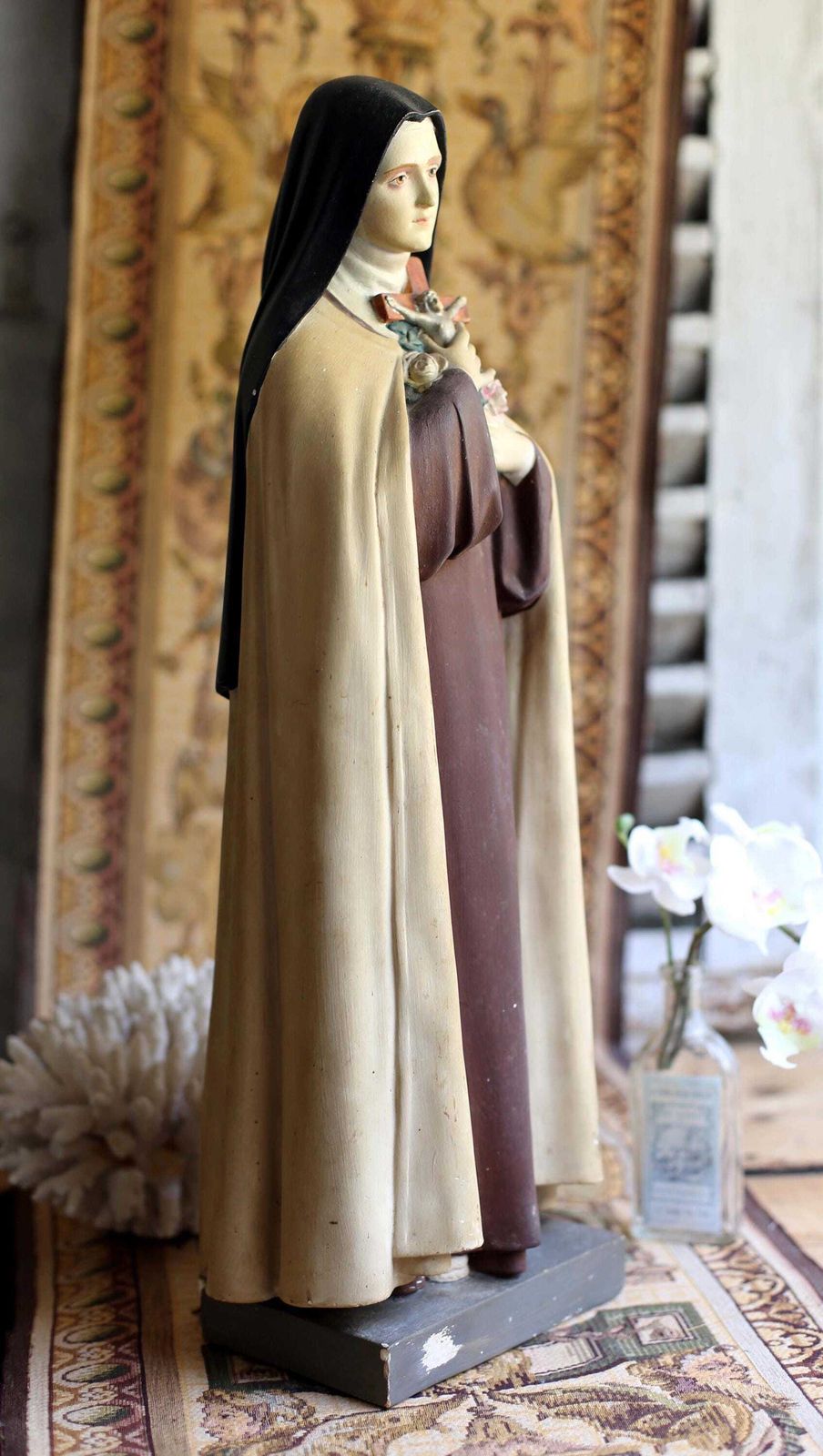 photo buy Huge French Antique Chalkware Saint Teresa Large Polychrome Sainte Therese Statue