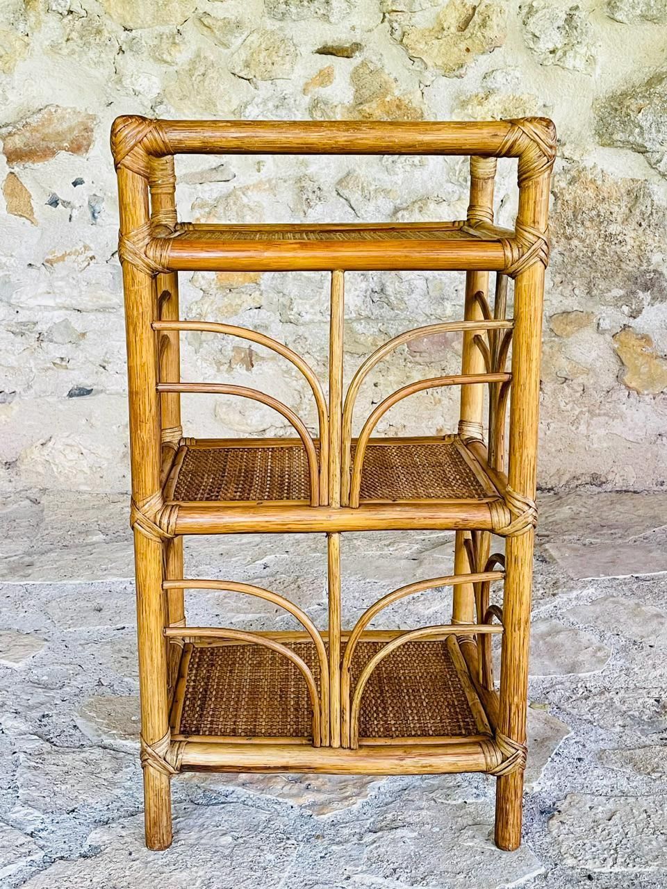 photo vinterior Vintage Bamboo And Rattan 3 Tier Shelf , 1970s