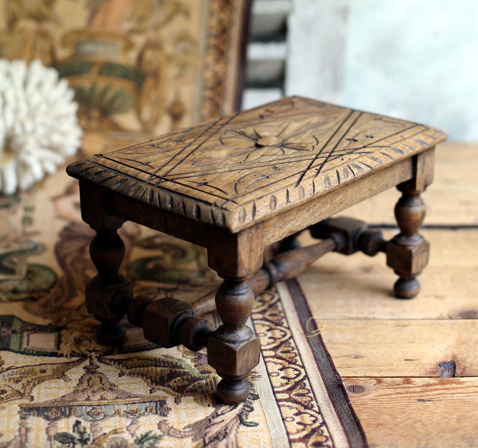 French Antique Foot Stool Hand Carved Wooden Footstool Small Display Stand photo vintage