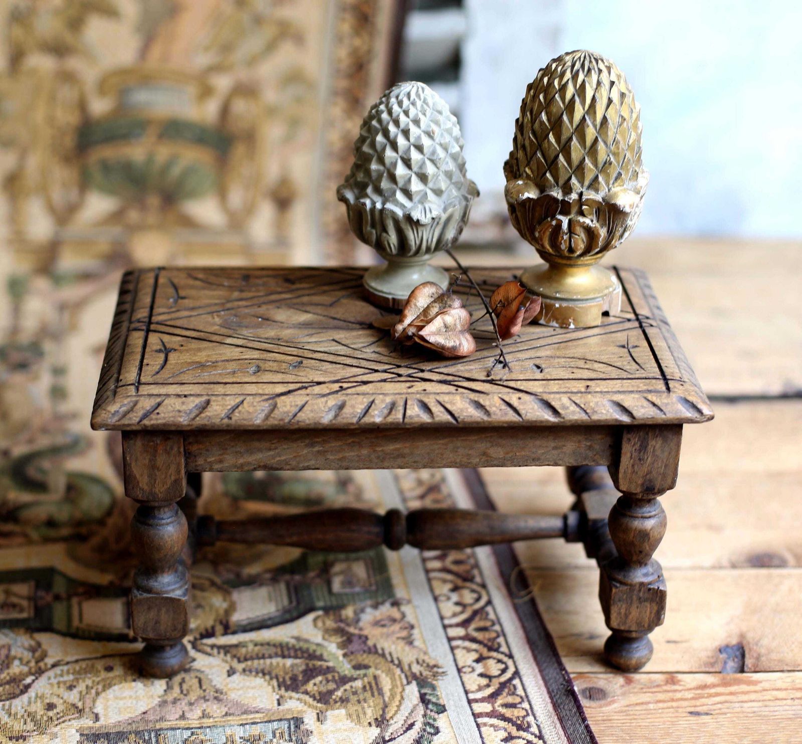 photo for sale French Antique Foot Stool Hand Carved Wooden Footstool Small Display Stand