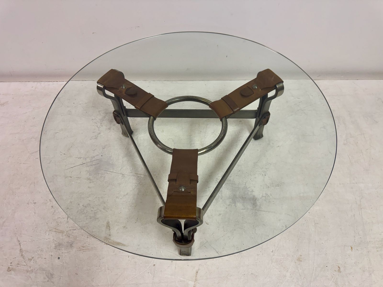 photo for sale 1960s Wrought Iron And Leather Coffee Table By Jean Pierre Ryckaert