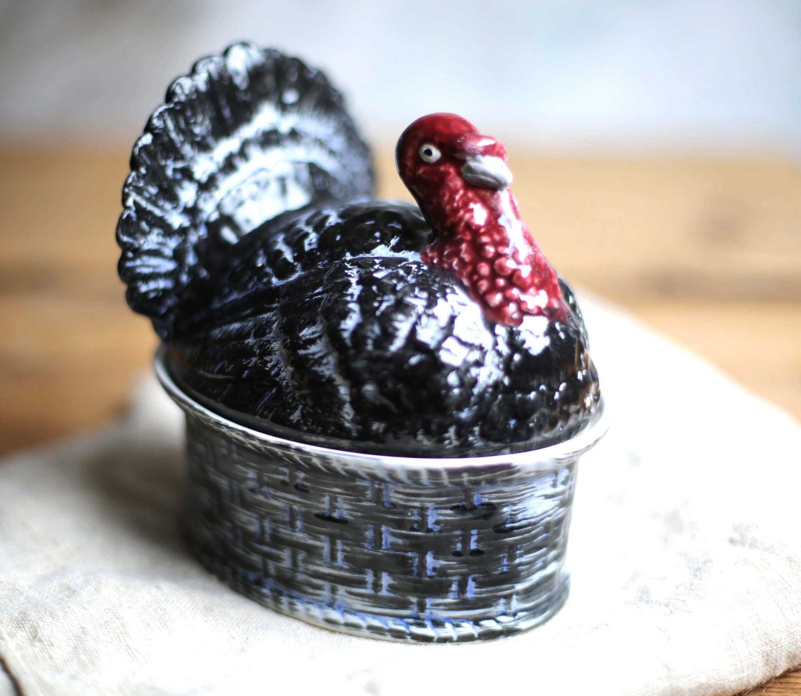 Vintage French Majolica Turkey Tureen Small Ceramic Dish By Geo Paris Je T'aime