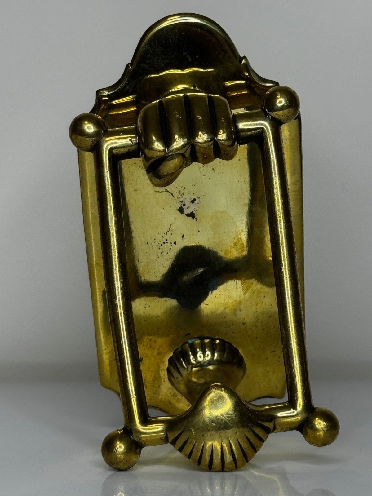 Victorian Brass Doctor’s Door Knocker Hand Holding Bar & Scallop Shell photo for sale