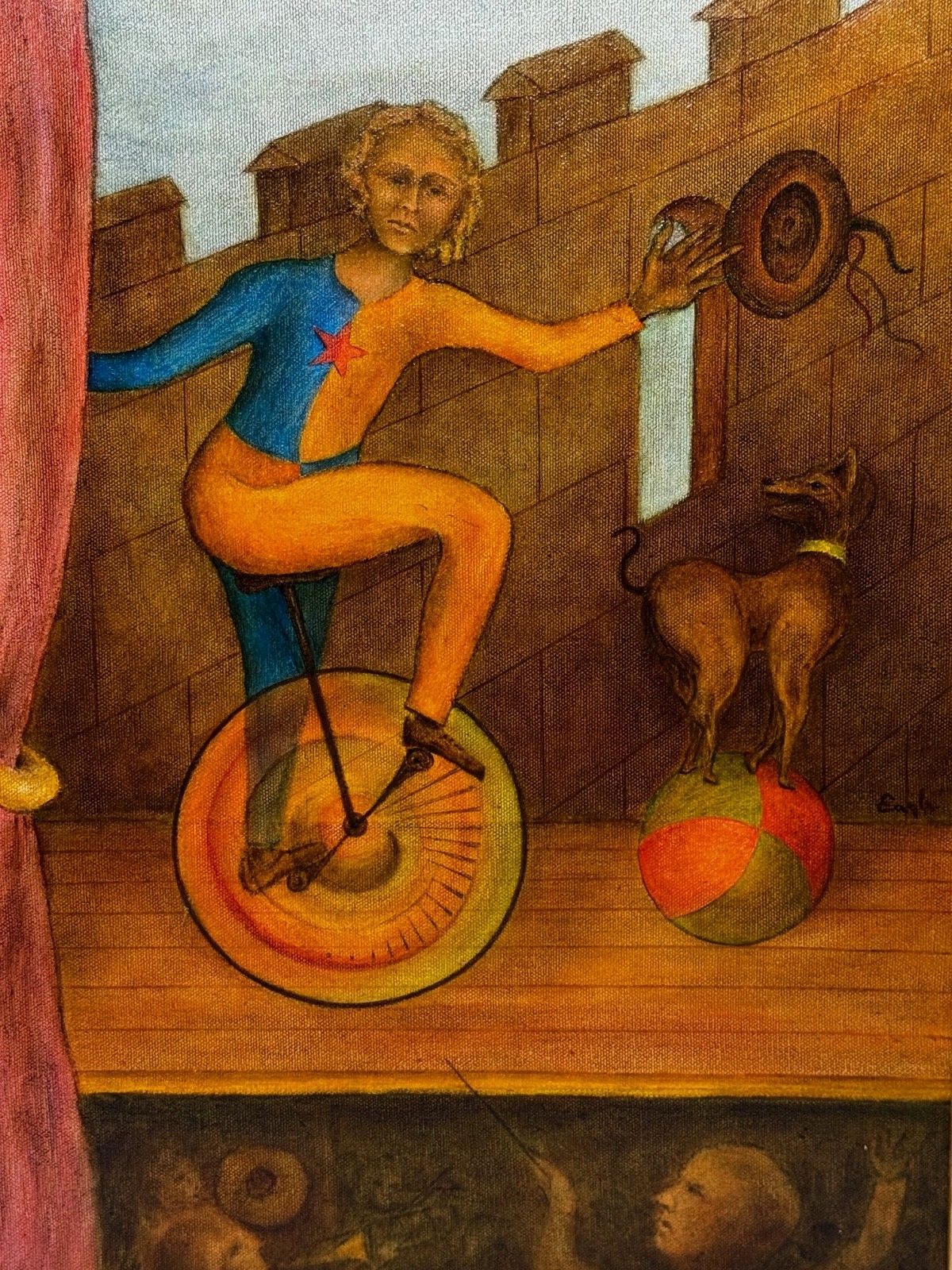 Mid Century Circus Cyclist - Lyrisch Surrealisme in de stijl van Paul Delvaux, ca. 1966 photo furniture
