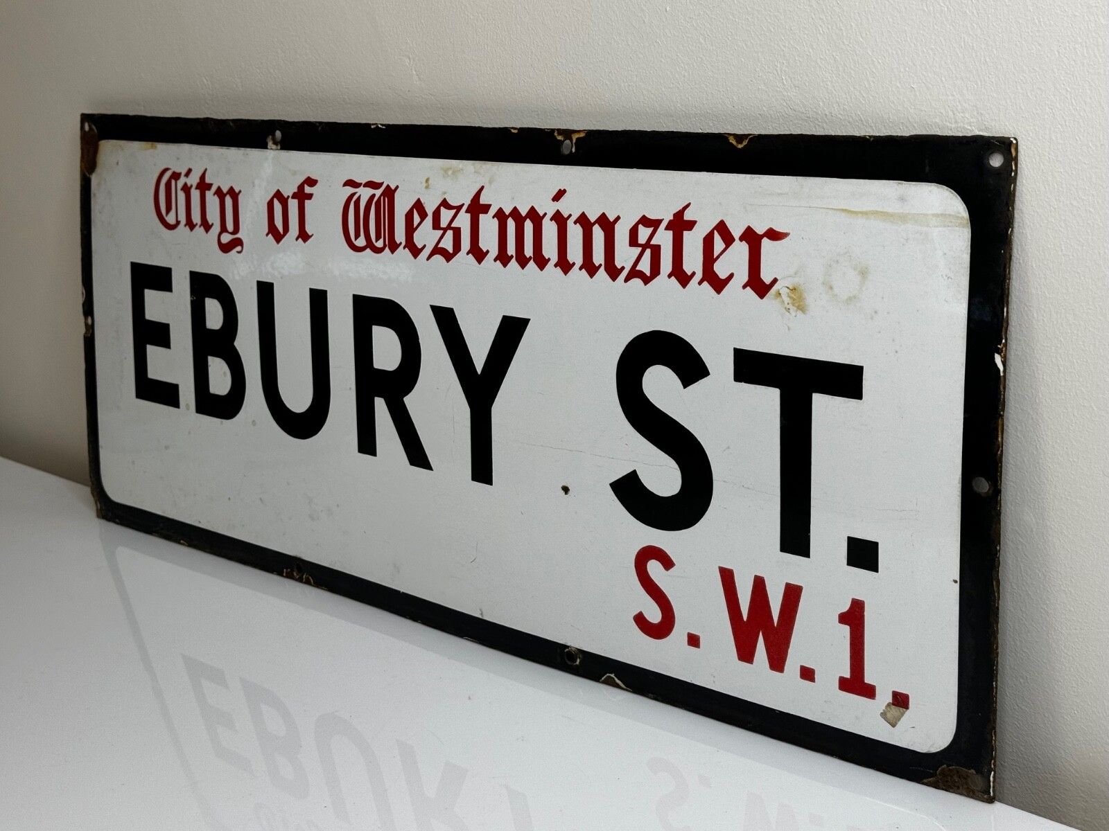 Mid-Century Emaille Straatnaambord Londen, City of Westminster, Ebury Street, Belgravia S.W.1 photo vintage