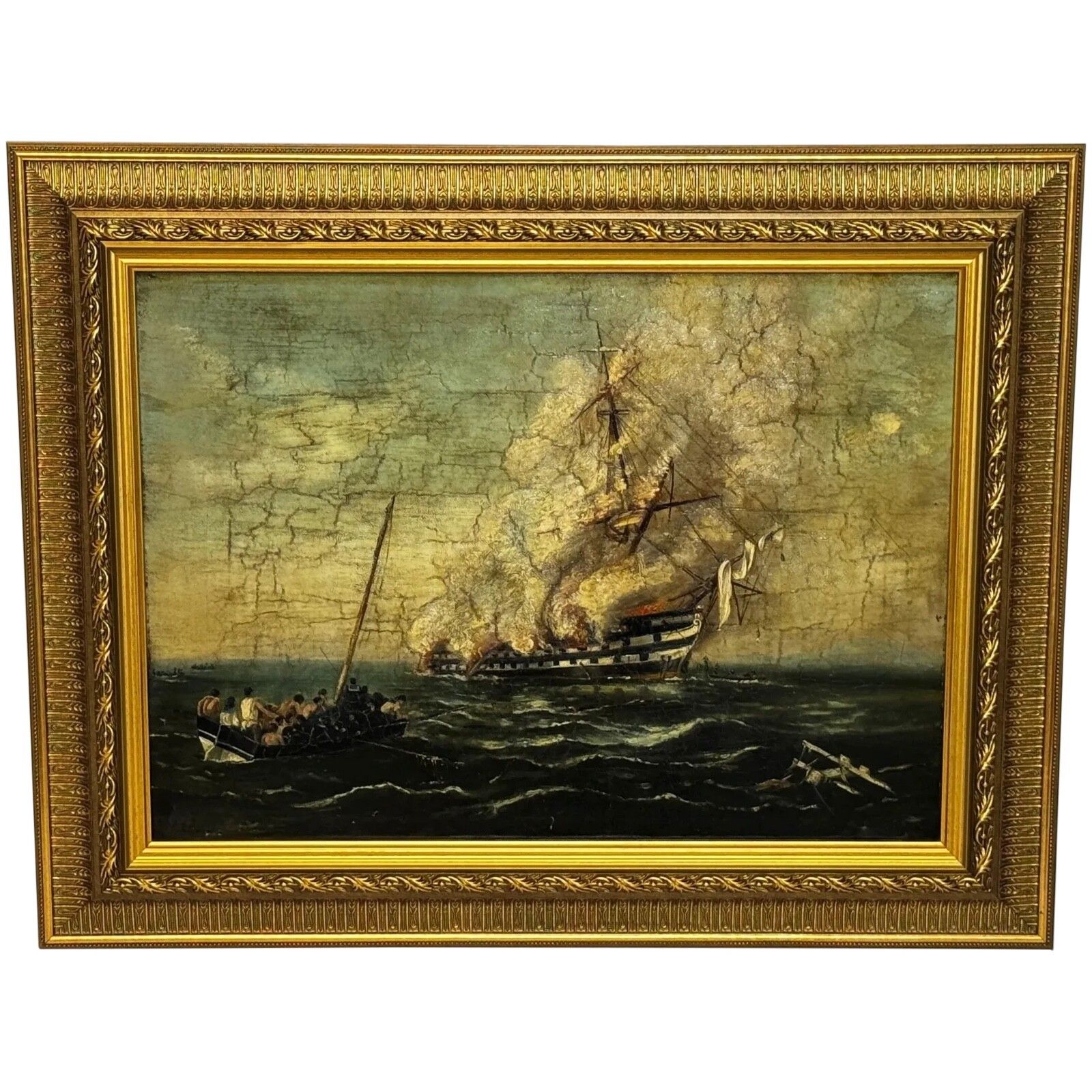 19th Century Oil Painting Sinking Of Hms Bombay Ship