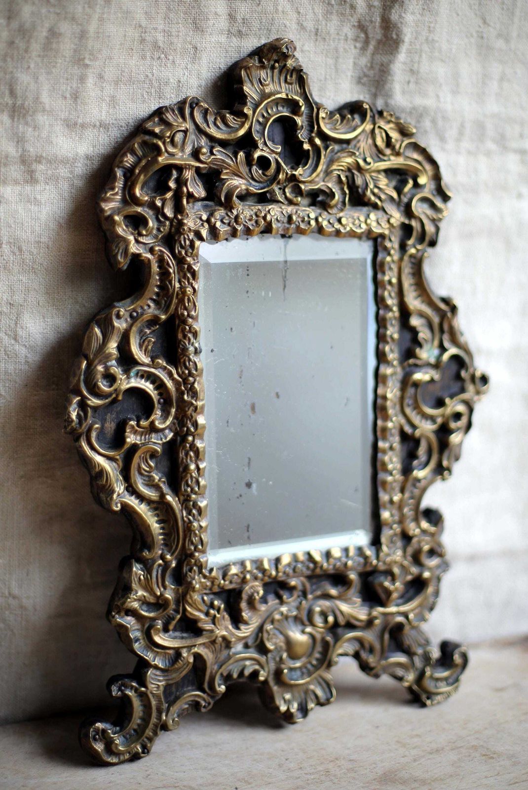 photo for sale Antique French Repousse Brass Vanity Mirror For Dressing Table Napoleon III 1800s
