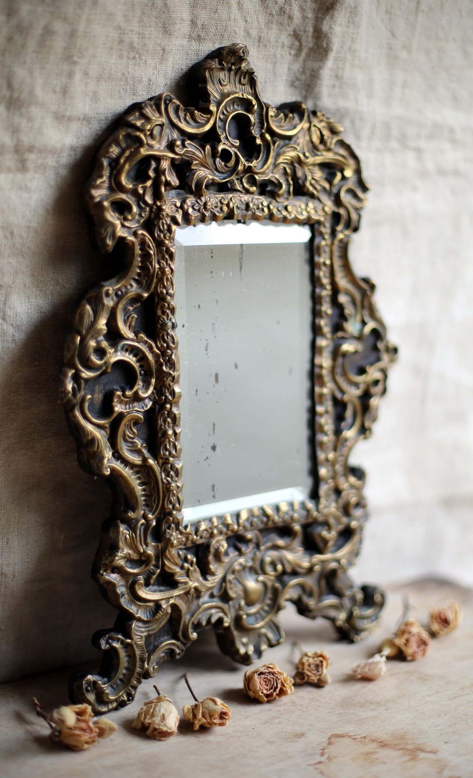 177.0 Antique French Repousse Brass Vanity Mirror For Dressing Table Napoleon III 1800s photo