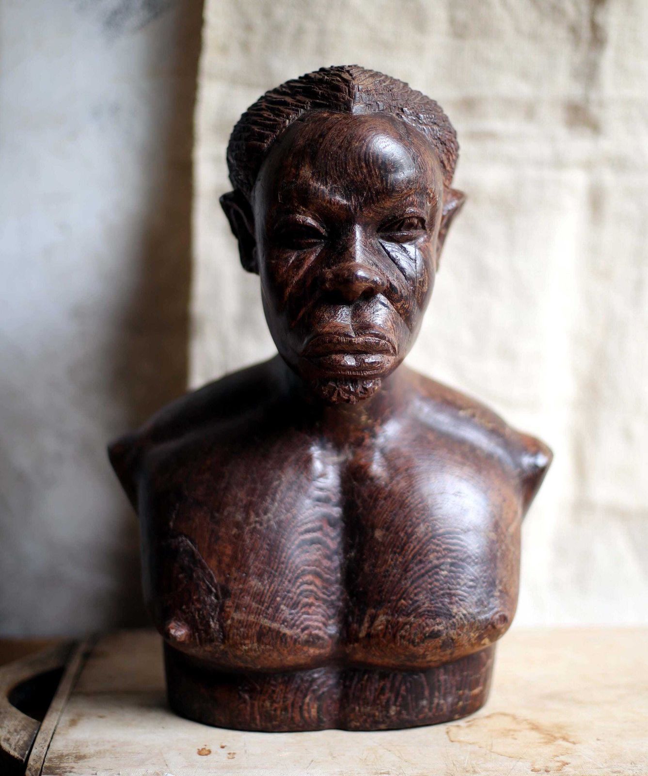 African Male Bust Carved Wooden Man From Gabon Art Signed Descorey photo furniture