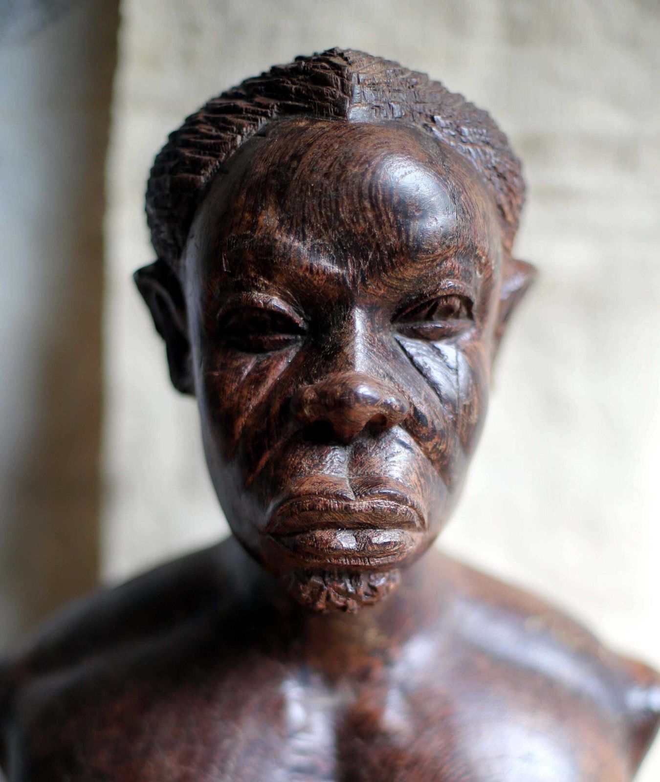 African Male Bust Carved Wooden Man From Gabon Art Signed Descorey photo for sale