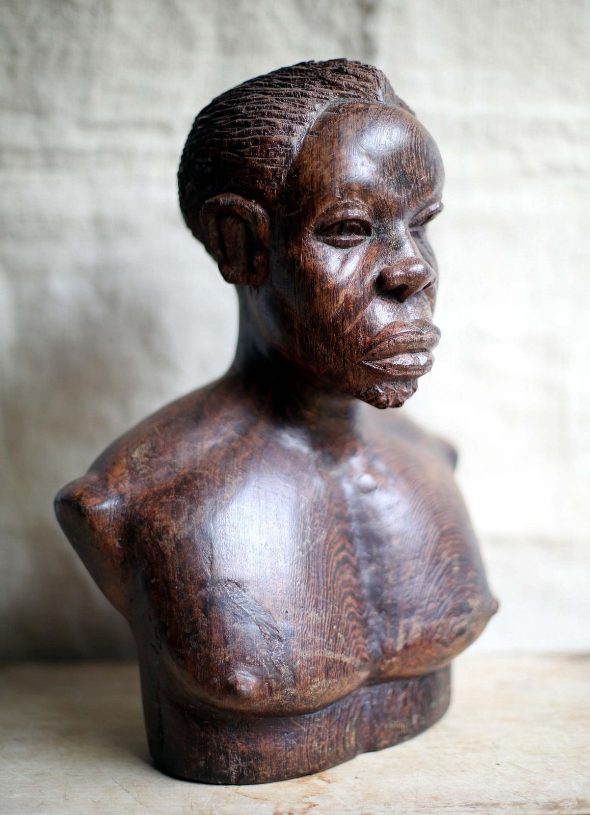 African Male Bust Carved Wooden Man From Gabon Art Signed Descorey photo vintage