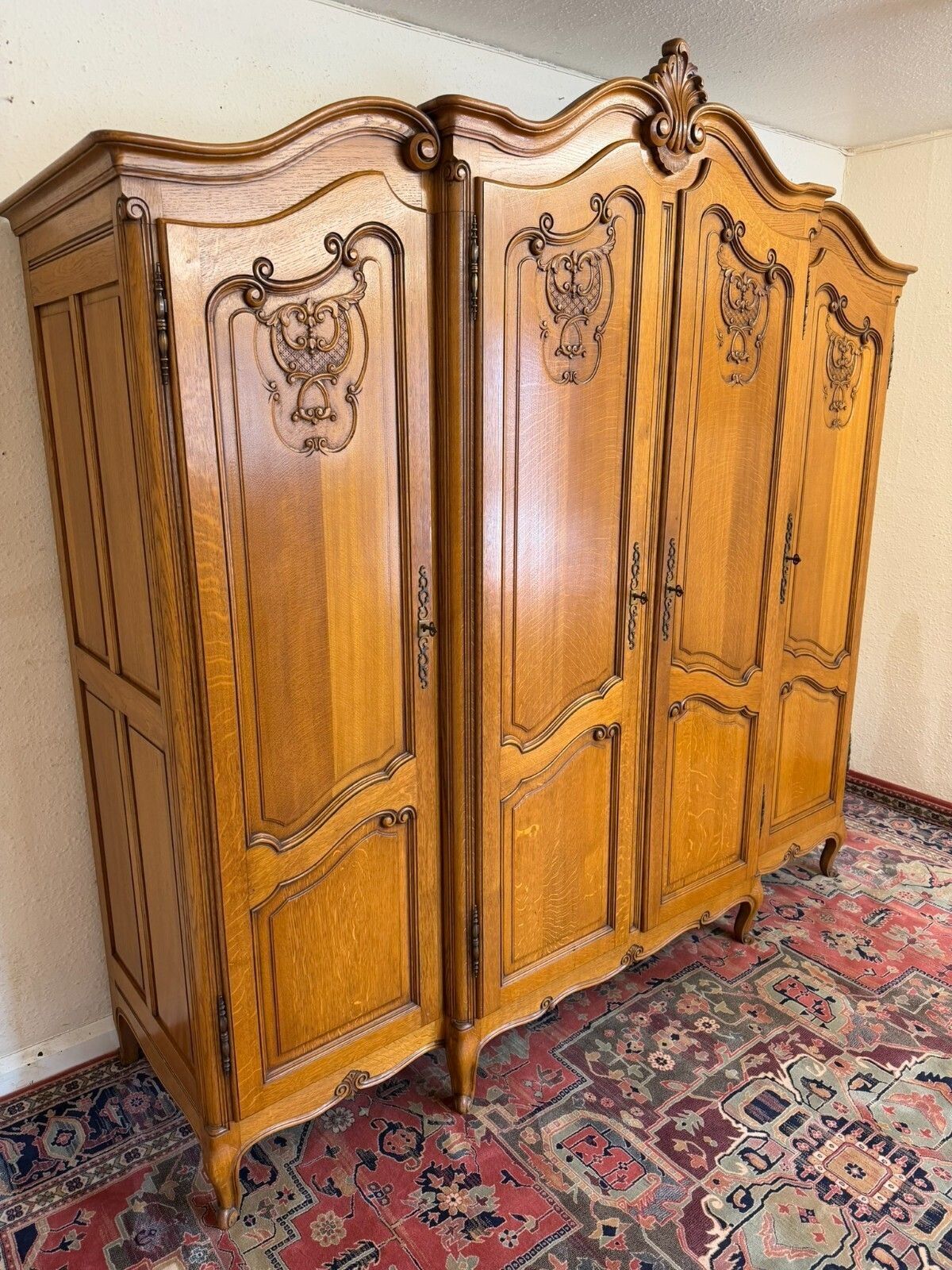 Quality French Carved Oak Four Door Brake Front Armoire/Wardrobe Circa 1950 photo Furniture