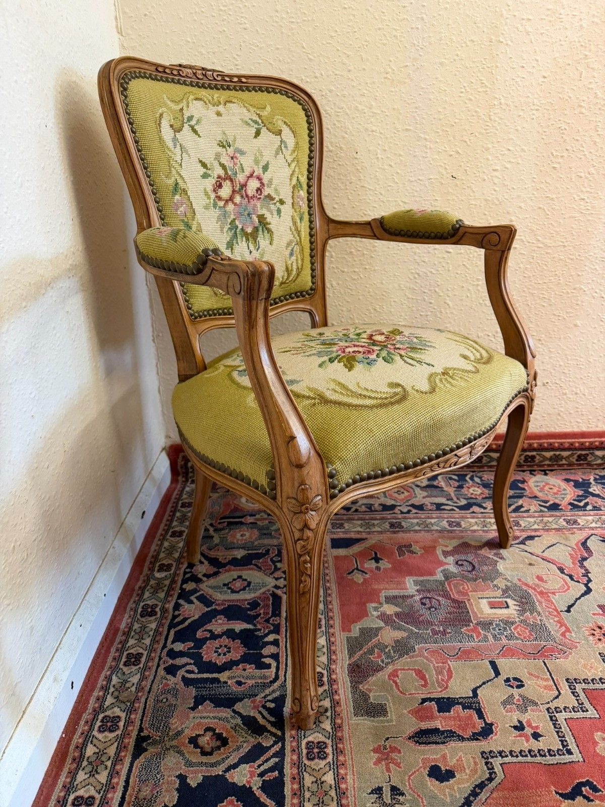 Elegant French Carved Walnut Needlepoint Armchair Circa 1930